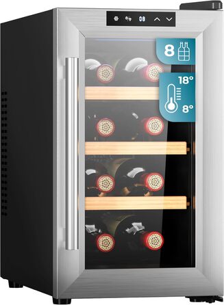 Cecotec 8-Bottle Wine Rack Bolero GrandSommelier 830 CoolWood, Thermoelectric, Quiet and High Performance, Adjustable Temperature: 8-18ºC, Touch Control Panel, Displays, Eco-friendly.