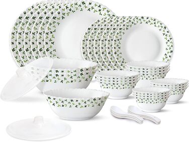 Набір посуду Larah, 35 предметів: тарілки, миски, кришки, ложки, сервіз на 6 осіб, о pal, міцний, легкий, для мікрохвильовки та посудомийної машини, білий з зеленими квітами