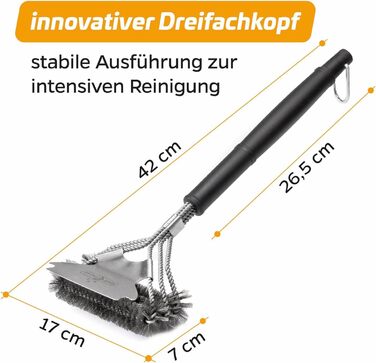 3X Grillfürst Premium Grill Brush with Brass Bristles, 45 cm - Grill Cleaning Brush for Grill Grates, Grill Grate Brush with Wide 3-Section Brush Head and Scraper (Stainless Steel with Scraper)