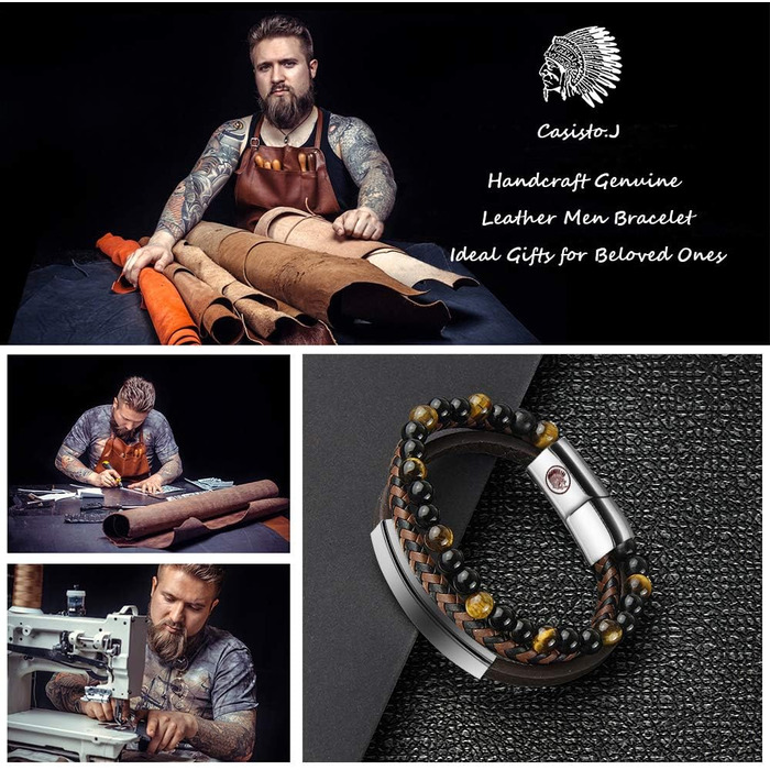 Чоловічий шкіряний браслет Casisto Lederarmband з гравіюванням, плетінка, магнітний замок (18.5 см, коричнево-срібний)