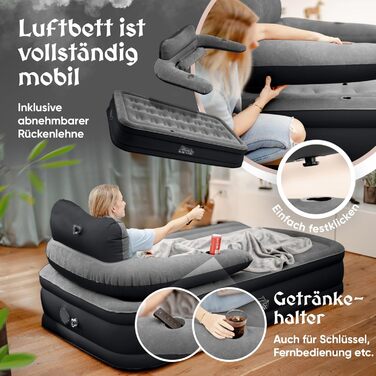 Надувне ліжко 3-в-1 | Гостьове та кемпінгове ліжко | Надувна матрац з електропомпою 150x200 | Самостійно надувна повітряна матрац (1 особа, Чорний/Антрацит)