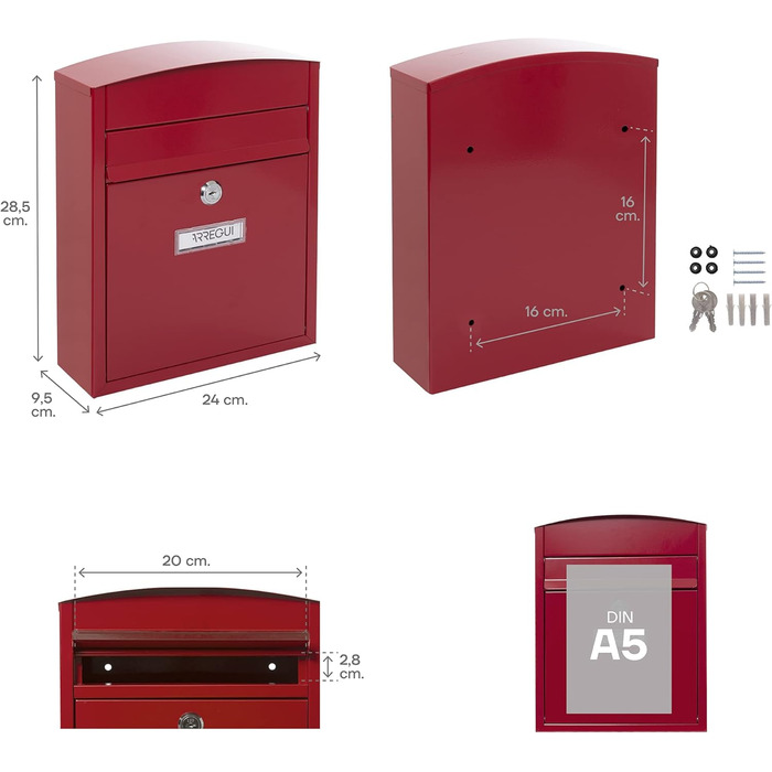 Поштова скринька ARREGUI Compact E5731 сталева, біла (червона) S (DIN A5), настінна, водонепроникна, з табличкою для імені, 2 ключі, проста установка