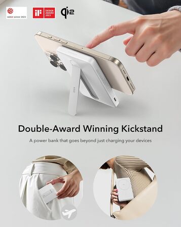 Power Bank ESR MagSafe QI2 з бездротовою магнітною зарядкою, 15W, 5000mAh, USB-C, білий (з підставкою)