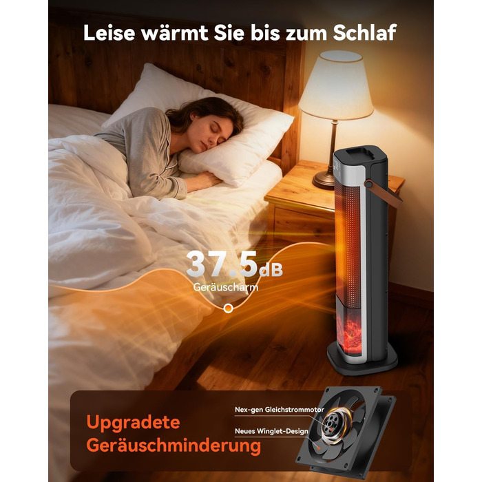 Електричний обігрівач PTC з керамічним нагрівачем, 2200W, з пульт дистанційного керування, 4 режими, таймер 12H, термостат, ECO-режим, осциляція 70°, захист від перегріву та перекидання, для дому та офісу (чорний, 65 см)