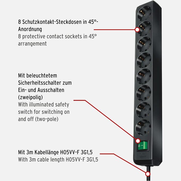 Бренненштуль Eco-Line, мережевий фільтр 8 розеток з вимикачем та захистом від дотику (чорний, 3м, 2 шт. в упаковці)