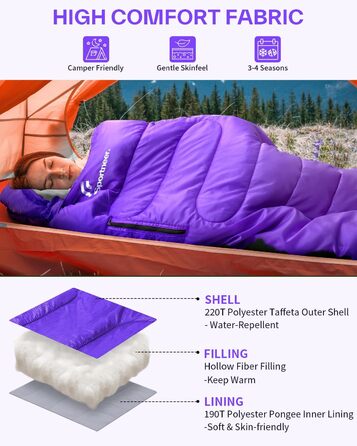 Спальний мішок Sportneer Outdoor - ковдровий, 3-4 сезони, для дорослих, фіолетовий (200x85 см)