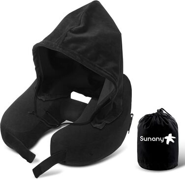 Sunany Neck Pillow Airplane with Hood, Travel Pillow for Airplane and Car Travel, Inflatable and Comfortable Travel Neck Pillow Adults, Supports Head, Neck, and Chin - Black