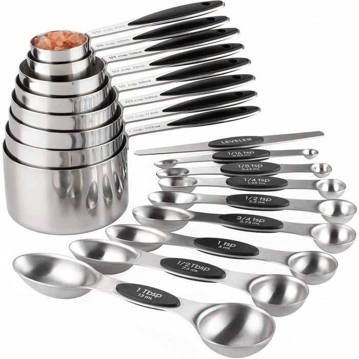 Measuring cup and spoon set, stainless steel, includes 8 sturdy measuring cups, 8 double-sided magnetic measuring spoons, and 1 leveler for dry and liquid ingredients