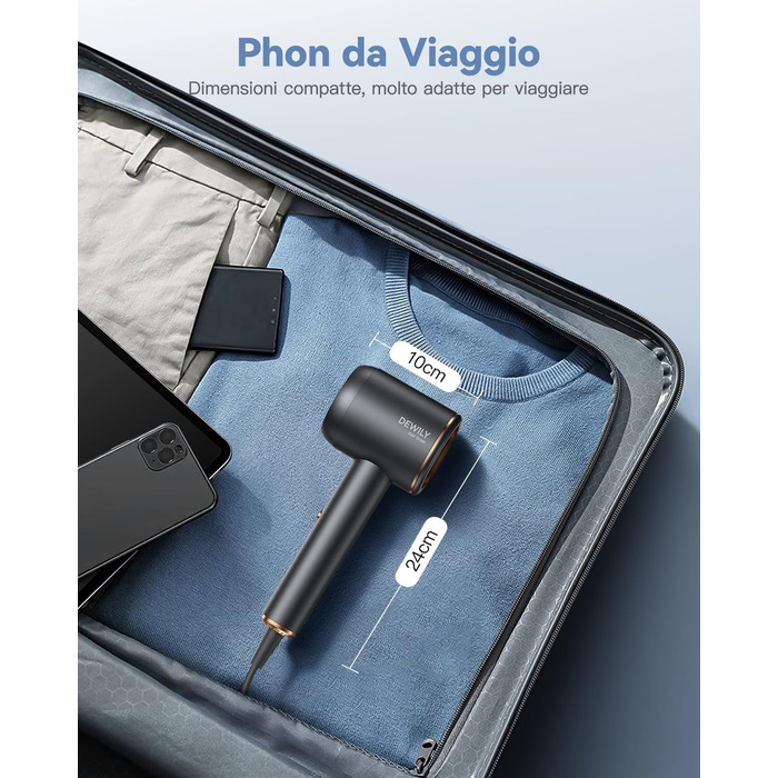 Складаний фен DEWILY Profi: потужний, тихий, для подорожей, сірий. 3 режими нагріву, 1 насадка.