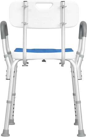 EUGAD Shower Chair, Shower Stool for Seniors, with Armrests and Backrest, Height Adjustable 6 Levels, 40 cm-54 cm, Non-Slip Shower Seat, Stable Bath Seat, Made of Aluminum and Plastic, White and Blue