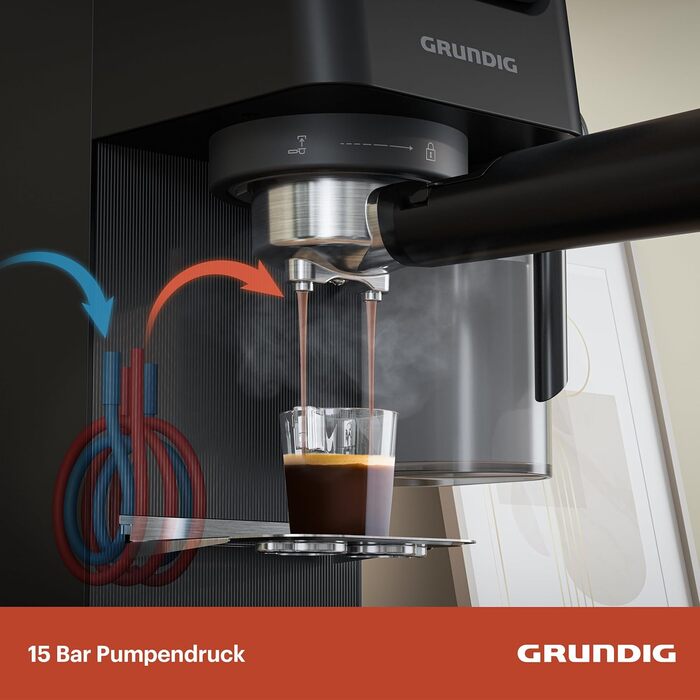GRUNDIG KSM 5330 Espresso Machine with Integrated Milk Container, 1628 W Power, 15 bar Pump Pressure, Dual Nozzle, Color Touch Display, BrewSense, CreamyPro, Dark Inox/Black. With Milk Container