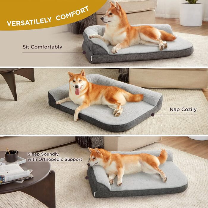 Orthopedic Dog Bed for Large Dogs - 106.6x76x16.5cm Dog Sofa with Egg-Shaped Foam and Waterproof Inner Liner, Cozy Washable Dog Couch Bed, Grey (L 91 x W 69 x H 17 cm)