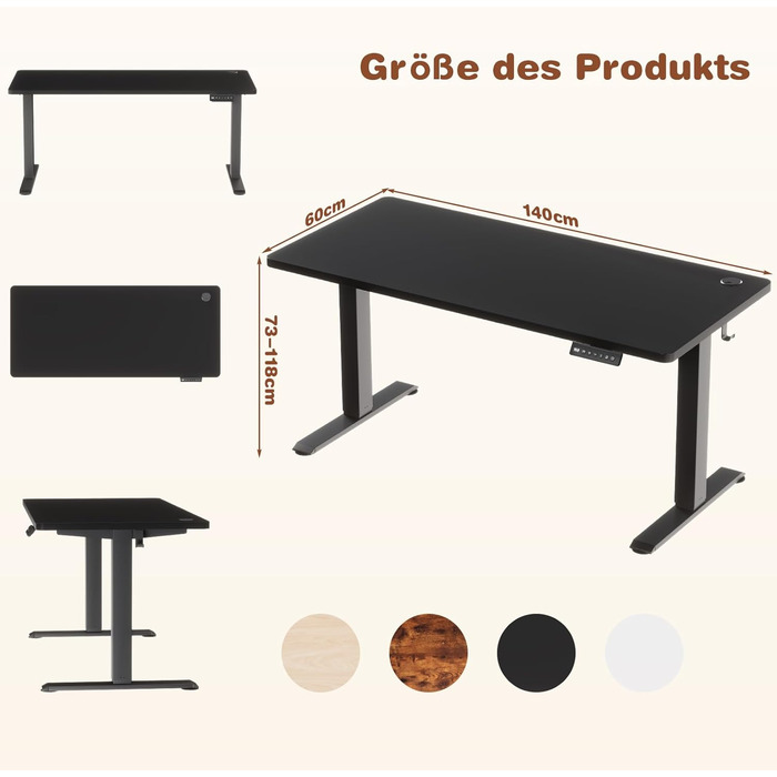 Devoko Adjustable Height Desk - Electric Standing Desk with Memory Function, 73-118cm Height, Collision Detection, Black, 140x60cm