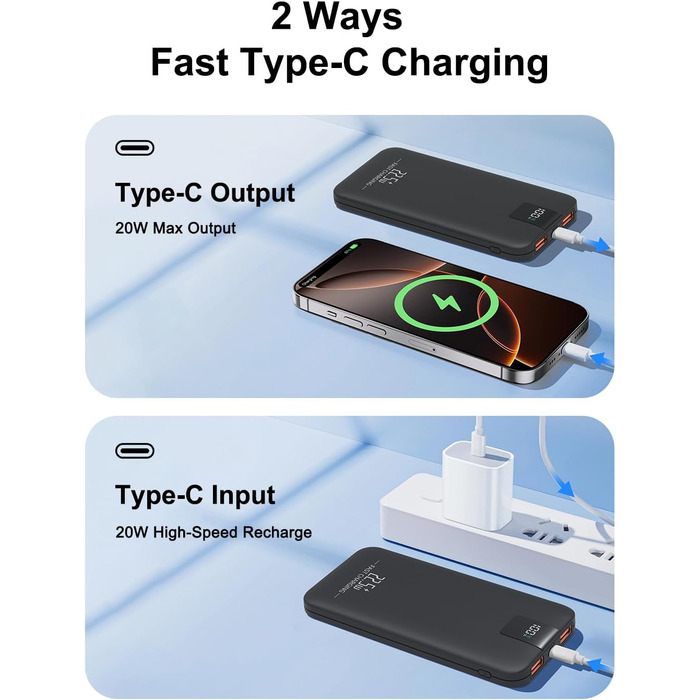 Powerbank 10000mAh 22.5W з LCD-дисплеєм: швидка зарядка, 3 виходи, 2 входи (USB-C), чорний