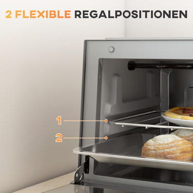 HOMCOM 9L Mini Oven with Baking Tray, Grill Rack, 100°C-230°C, with Adjustable Temperature and Cooking Time, 60 Min. Timer, 750W, Stainless Steel, Silver | Aosom