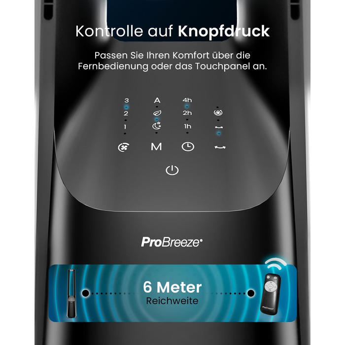 Вентилятор Pro Breeze 101 см з ротором, осцилюючий, з пультом, LED-дисплеєм, 6 швидкостей, тихий, 5 режимів, авто-обертання 60°, таймер 7 год, чорний