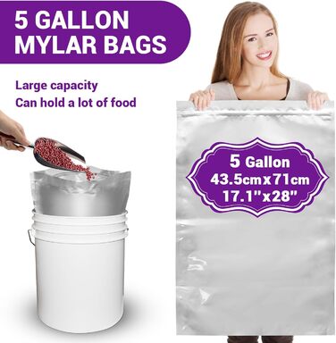 Mylar bags with oxygen absorbers for food, 43.5 x 71 cm, 25 x 35 cm, 1 Quart 15 x 22 cm, 8.6 Mil, Mylar bags with oxygen absorber 23000cc + Labels, vacuum sealer bags (50 pieces)