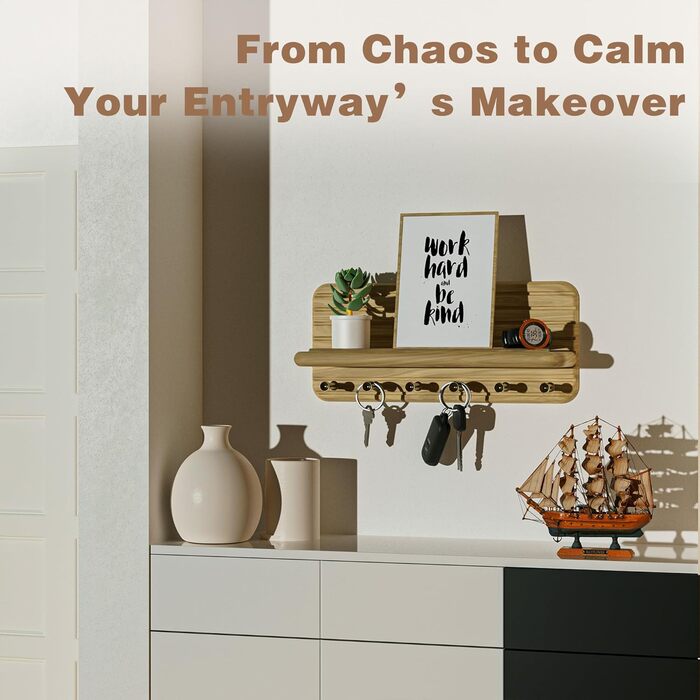 Дерев'яне ключове дошка з полицею та 6 гачками для прихожей, коридору, кухні