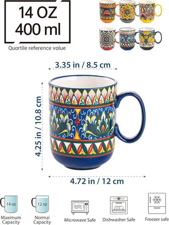 Набір чашок з порцеляни, керамічні чашки капучино/маг - посуд для 6 осіб, набір чашок для кави - богемний стиль (400мл)