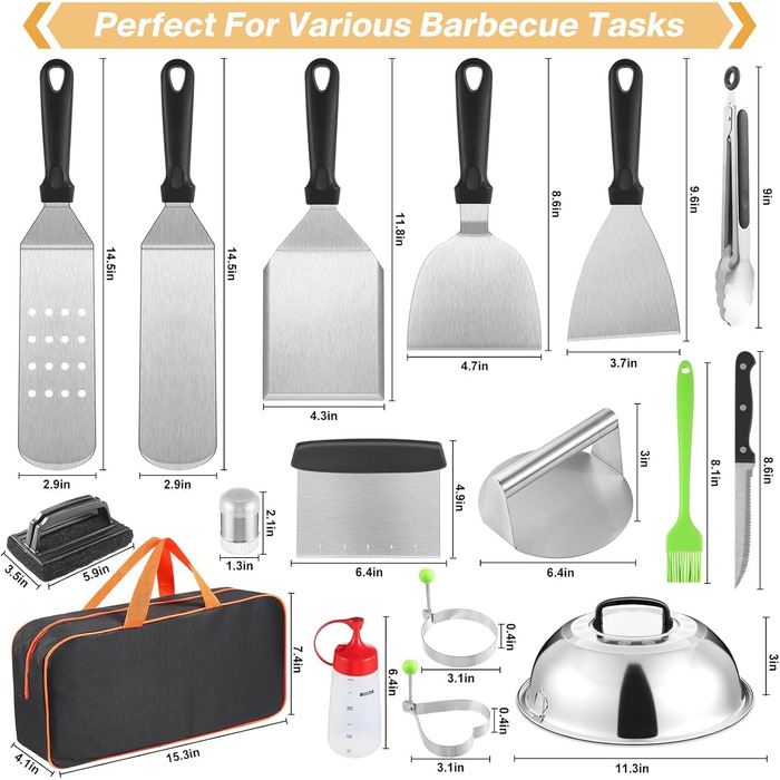Набір гриль-посуду ZycBernoi: 19 аксесуарів для гриля, плакси посуд з металу, прес для бургерів, дзвоник для плавлення, сумка для транспортування. Ідеально для гриля та BBQ.