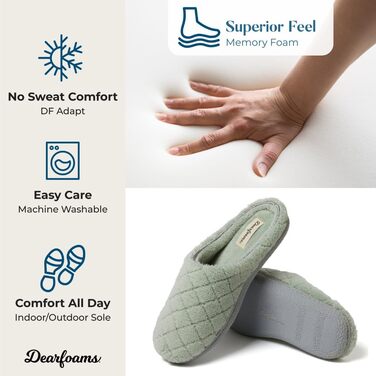 Dearfoams Leslie: жіночі тапочки-клоги з м'якою устілкою Memory Foam, широка колодка (42/44 EU), колір - Juniper Green Terry