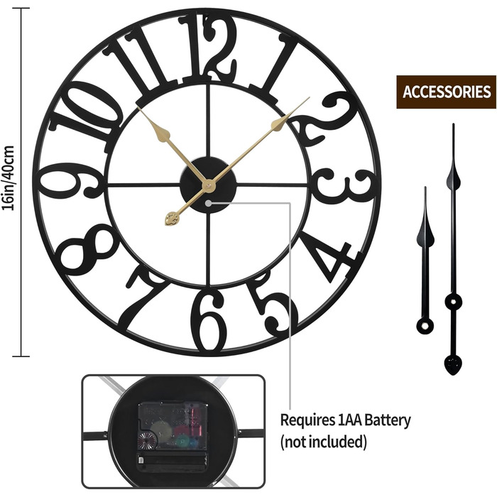 Maxstar Modern Roman Numeral Large Wall Clocks, Non-Ticking Round Metal Silent Vintage Wall Clock for Living Room, Kitchen, Bedroom, Garden Decor - Gold (Black Arabic, 40CM)