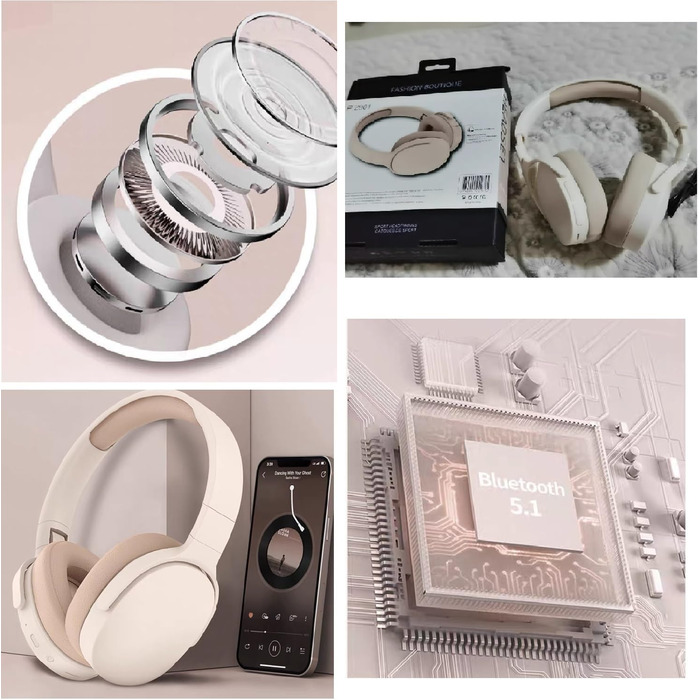 Беспроводные наушники HiFi Bluetooth с микрофоном, складные, шумоподавление, для спорта и путешествий (Бежевый)