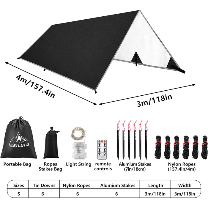 IEEILULU Waterproof Tarp - Camping Tent Footprint - 3x3m/3x4m/3x5m - Ultralight with Stakes, Ropes, and LED Light - for Camping, Outdoor, Hiking, and Hammock Use