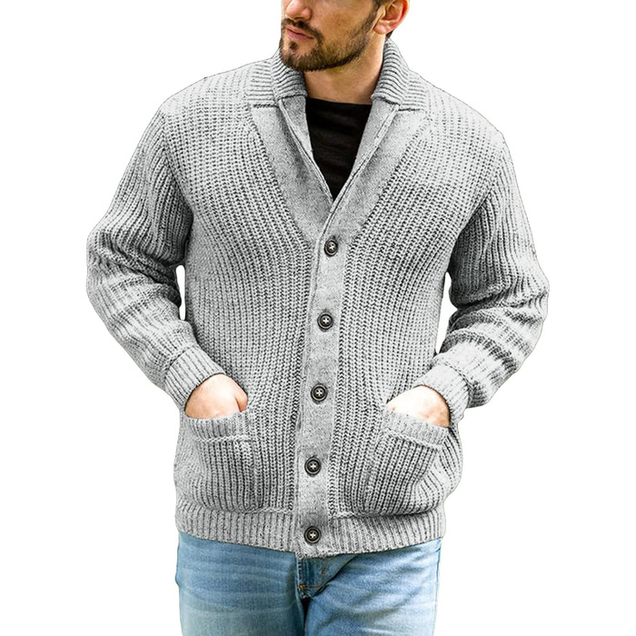 Чоловічий кардиган Runcati з грубого в'язання, з коміром-стійкою, з довгими рукавами, на ґудзиках, сірий, XL