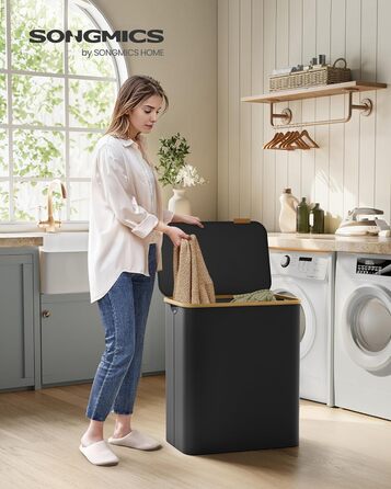 Laundry Basket, 3 compartments, 150 L, foldable, removable bag, Oxford fabric, bamboo, 60x38.5x70.5 cm