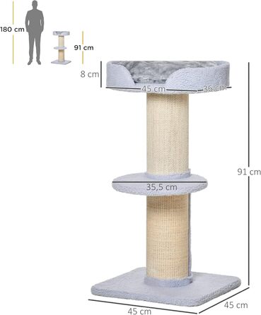 PawHut Cat Tree Small 91 cm Cat Tree with Cat Bed, Cat Scratching Post Play Tree Scratching Post with Platform for Cats up to 5 kg Sisal Lambswool Light Blue
