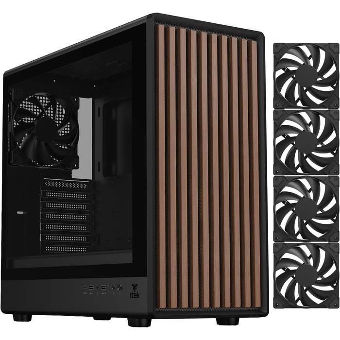Ігровий корпус Itek Woody W2B ATX Tower, 4 вентилятори 140мм, USB 3.0, Type-C, дерев'яна передня панель, загартоване скло, чорний