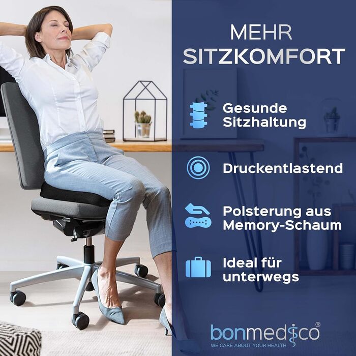 bonmedico Seat Cushion - Orthopedic - Ergonomic Memory Foam Cushion for Office Chair, Car, Wheelchair Cushion or Booster Seat for Adults - Wellness Black