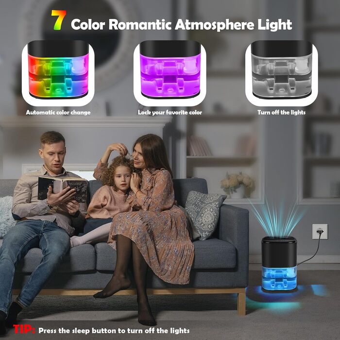 Електричний осушувач повітря 2L з автовимкненням та 7 кольоровим нічним світлом. Тихий осушувач для дому, квартири, ванної кімнати, підвалу (чорний)