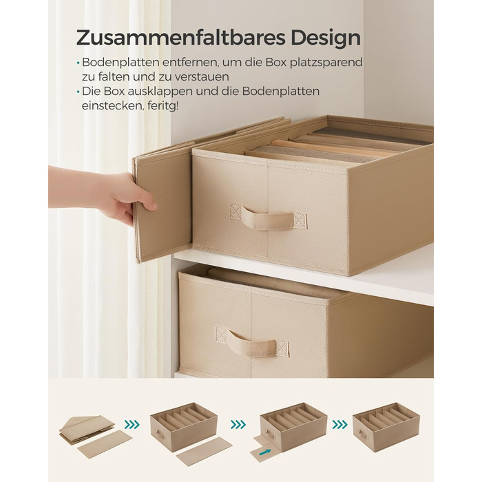 SONGMICS Closet Organizer 6-Piece Set, Storage Box with 6 Compartments, Drawer Organization System, Folding Storage Boxes, 42 x 30 x 17 cm, for Pants, Clothes, RUS009G03 (Sand Beige)