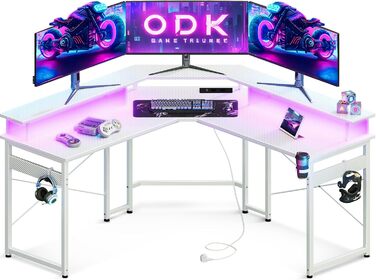 ODK Gaming Table with LED, Gaming Desk with 2 Outlets and 2 USB Charging Ports, PC Table Gaming with a Generous Monitor Stand, Gamer Desk in Carbon Fiber White, 129x129 cm