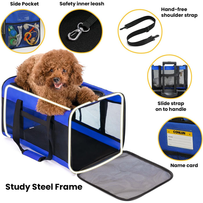 Транспортна переноска для котів Conlun, м'яка переноска з сіткою з 4 сторін, підходить для перевезення в літаку, для кошенят та невеликих котів до 6 кг, складана переноска для собак, (51x31x31 см, блакитна)