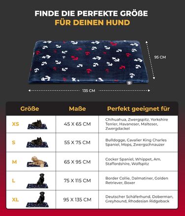 Лежанка для собак XS (45x65 см) – неслизька та затишна з 3 см наповнювачем – ідеально для дивану, авто та переноски – Made in Germany (95 x 135 см, Анкер Блакитний)