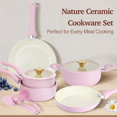 Набір посуду MELENTA 11 предметів з антипригарним покриттям, кераміка, індукційний, з кришкою, PFOA-free, рожевий HC3302-11PG