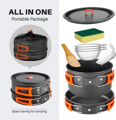 Odoland Camping Cookware Set, 9-Piece Outdoor Dish Set with Camping Pot, Camping Frying Pan for Camping, Outdoor Cooking, Hiking, and Travel