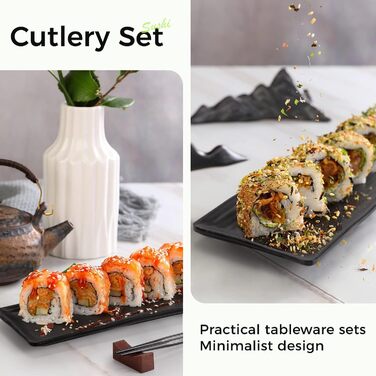Набір посуду для суші 12 шт. Чорний набір суші з 4 тарілками, 4 парами паличок та 4 підставками для паличок. Підходить для ресторанів, сімей та готелів