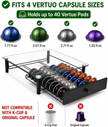 Підставка для капсул Nespresso Vertuo з міцного скла, чорна – для 40 капсул VertuoLine (Vertuo Next & Plus), економія місця