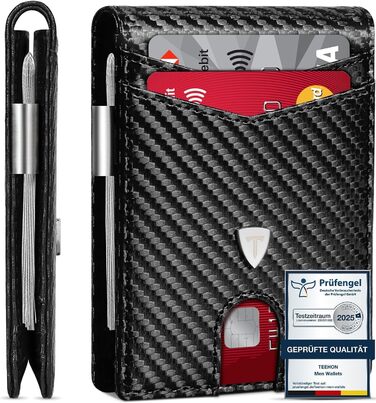 Чоловічий тонкий гаманець RFID захистом з карбонової шкіри, Portmonee з 11 відділеннями для карток, віконцем для ID, відділенням для грошей, мінімалістичний гаманець з подарунковою коробкою - Чорний