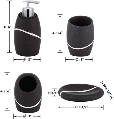ZCCZ Bathroom Set – 4-Piece Organizer Set with Toothbrush Holder, Soap Dispenser, Cosmetic Dish, and Cotton Swabs – Elegant Stone-Look Decor, Black for Modern Bathroom