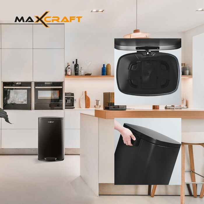 Степле́р для смі́ття 50 літрів зі сталі з внутрішнім відром з пластику - з м'яким закриттям кришки, для кухні, ванної кімнати або офісу - чорного кольору