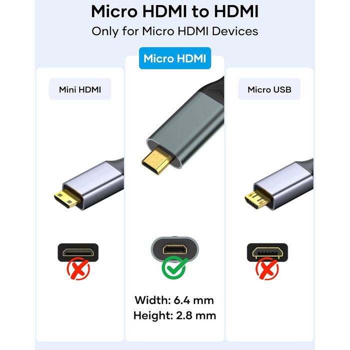 Кабель Micro HDMI - HDMI 2M, 4K@60Hz, підходить для Raspberry Pi, GoPro, камер, TV, моніторів, ноутбуків