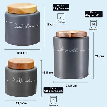 Набір контейнерів для зберігання KHG для кухні антрацитово-сірого кольору з дерев'яною кришкою, контейнери для продуктів з кераміки, стеінгуту, поліровані, з маркуванням, набір органайзерів для кухні, без пластику та світлонепроникні (набір для картоплі, 