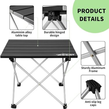 Складний кемпінговий стіл алюмінієвий портативний для пікніка та пляжу, чорний (S)