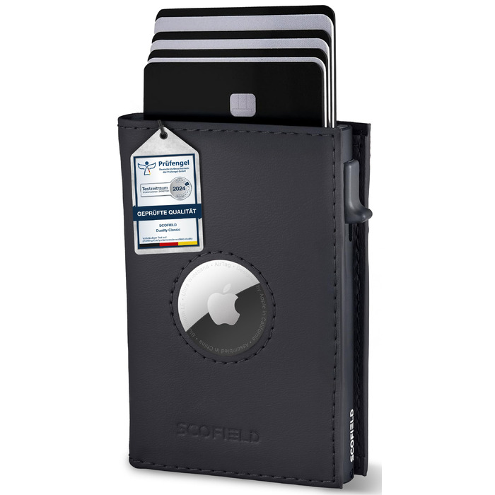Чоловічий шкіряний гаманець SF SCOFIELD для Apple AirTag з RFID-захистом, відділенням для монет та картхолдером на 9-10 карт, чорний матовий