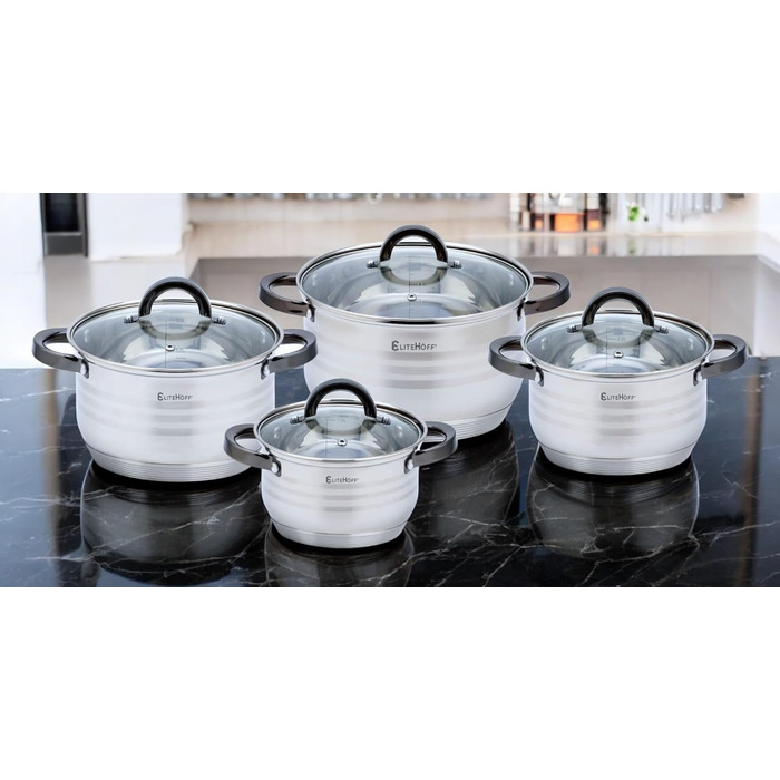 Набір каструль та сковорідок EliteHoff Induktion (8 предметів) з нержавіючої сталі, з кришками та чорними ручками, для всіх типів плит